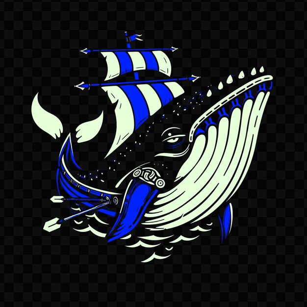 PSD psd vector mighty whale com um navio viking e remos projetados com uma tinta de tatuagem de design de camiseta bol