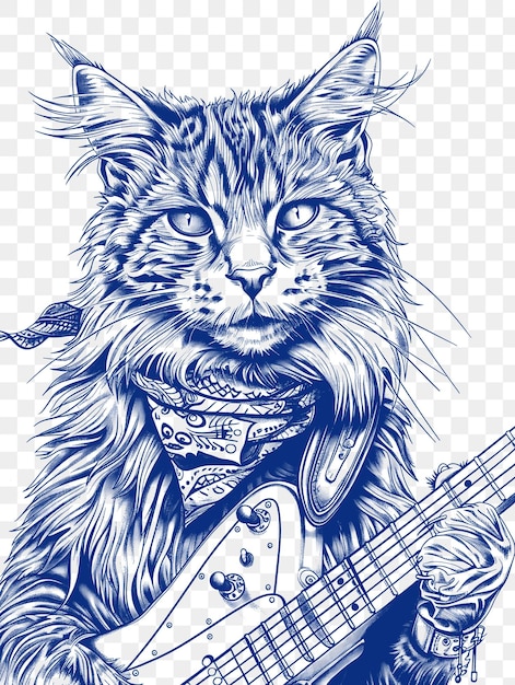 PSD psd vector of maine coon cat avec une guitare et un bandana à la recherche de rock et ro digital collage art ink