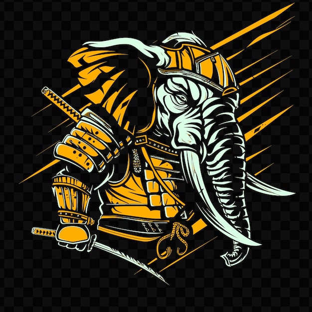 PSD psd vector rampaging elephant com uma armadura de samurai e katana desenhado t-shirt design tatuagem tinta