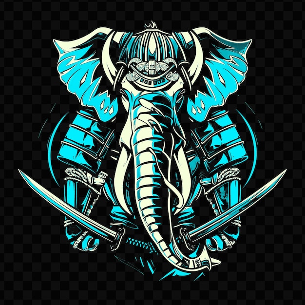 PSD psd vector rampaging elephant com uma armadura de samurai e katana desenhado t-shirt design tatuagem tinta