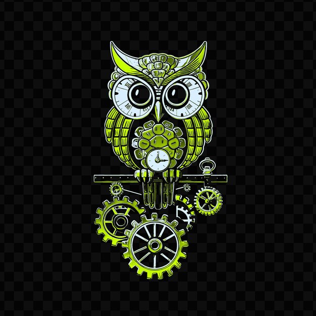 PSD psd vector wise owl encaramado en un conjunto de engranajes con un monóculo y tinta de t-shirt de diseño hol