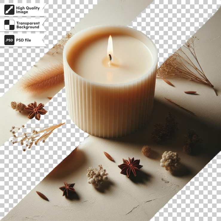 PSD psd vela aromática y flores en fondo transparente con capa de máscara editable