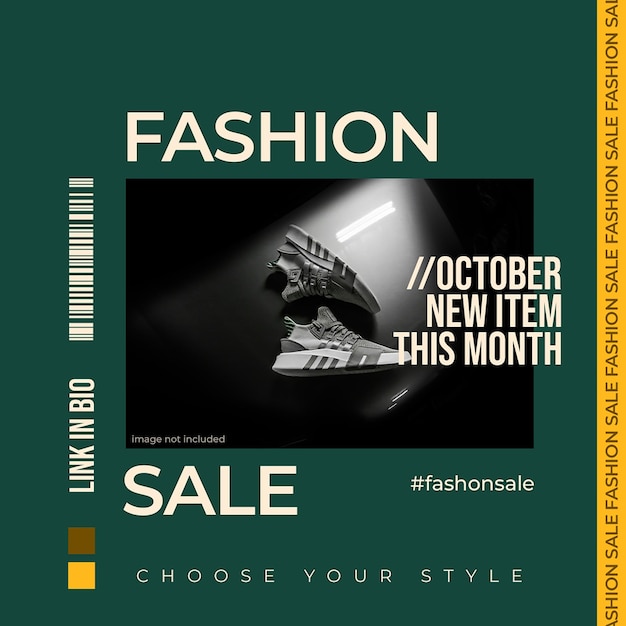PSD Venda di nuovi articoli di moda su sfondo verde scuro modello di post Instagram