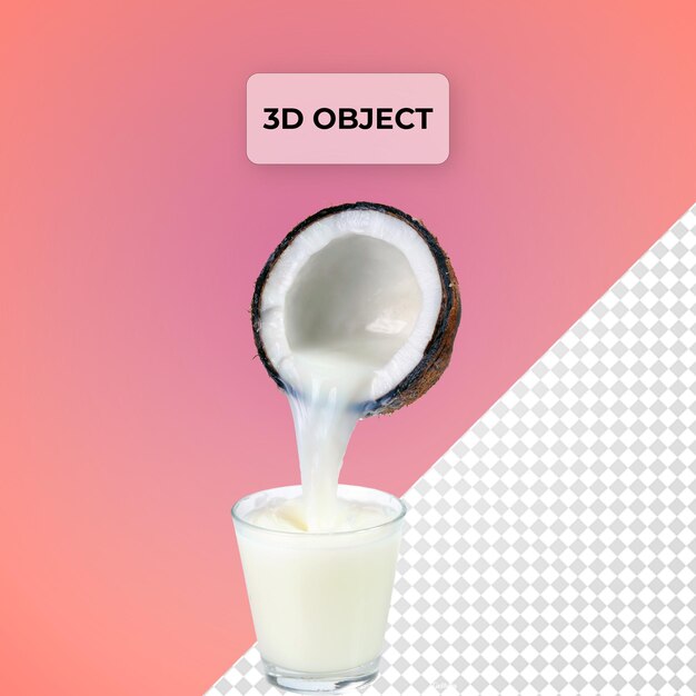 Psd vertiendo jugo de coco en vidrio sobre un fondo transparente