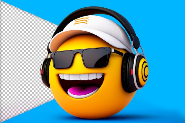 Psd d'un visage emoji souriant portant des écouteurs sur les oreilles, une casquette et des lunettes de soleil, rendu 3d réaliste.