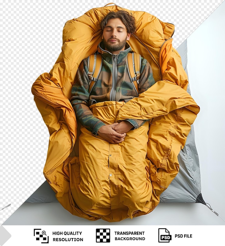PSD psd vista dall'alto di un uomo sdraiato nella sua tenda e che si sente addormentato png