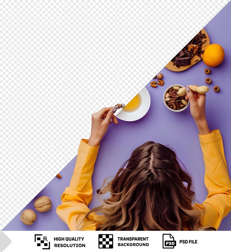 PSD psd vista superior mujer comiendo persimo seco con té y mezcla de nueces y chocolate la mesa está adornada con una galleta marrón un cuenco blanco una camisa amarilla una manga amarilla