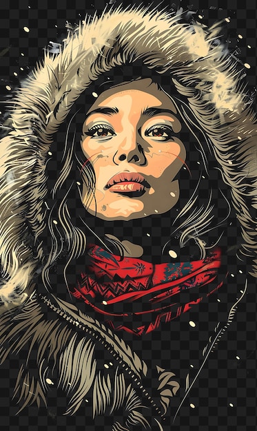 PSD psd von porträt einer inuit-frau in einer robbenhaut-parka mit pelz-t-shirt-design collage art ink
