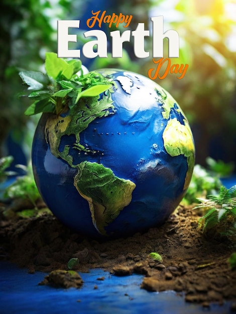 PSD psd-vorlage eines happy earth day-posters mit dem planeten erde auf schwarzem hintergrund