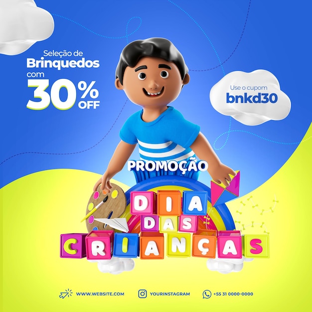 PSD-Vorlage für Social-Media-Instagram-Kind, das den brasilianischen Kindertag spielt