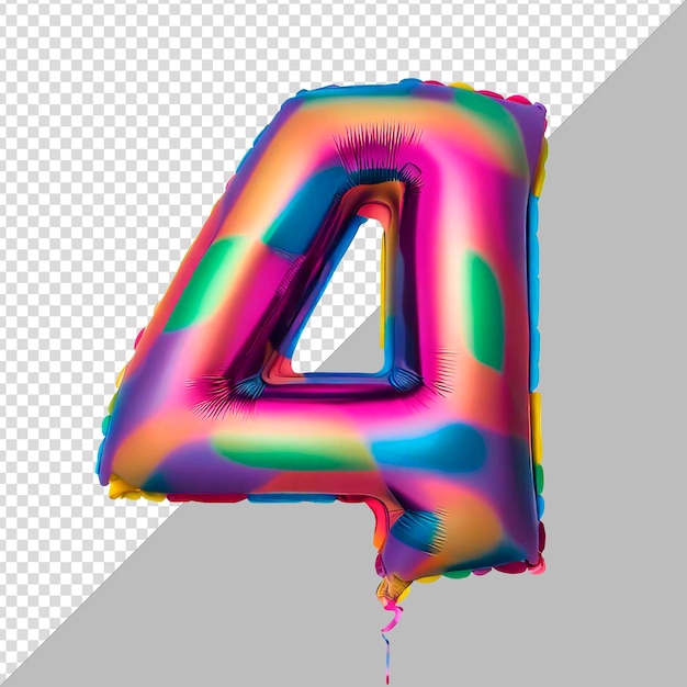 PSD-Vorlage Nummer vier aus farbigen Geburtstagsballons mit Band auf durchsichtigem Hintergrund