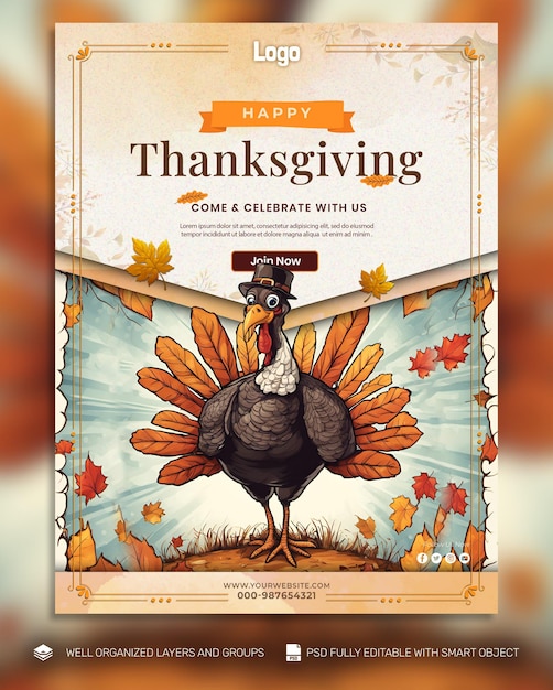 PSD-VORLAGE Poster und Banner „Thanksgiving and the Harvest Feast“-Social-Media-Beitrag