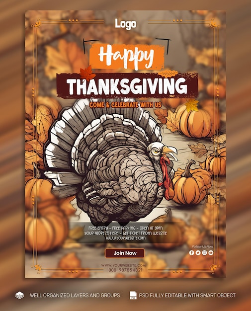 PSD-VORLAGE Poster und Flyer „Thanksgiving and the Harvest Feast“-Social-Media-Beitrag