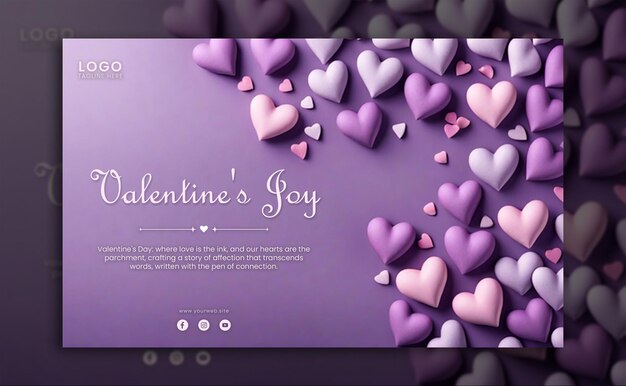 Psd-vorlage valentinstag mit baby rosa und lila violett 3d-herzformen hintergrund