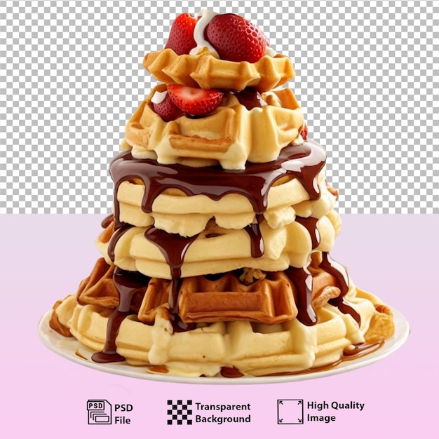 PSD waffles belgas com molho de chocolate e morangos em fundo de PNG Generative AI