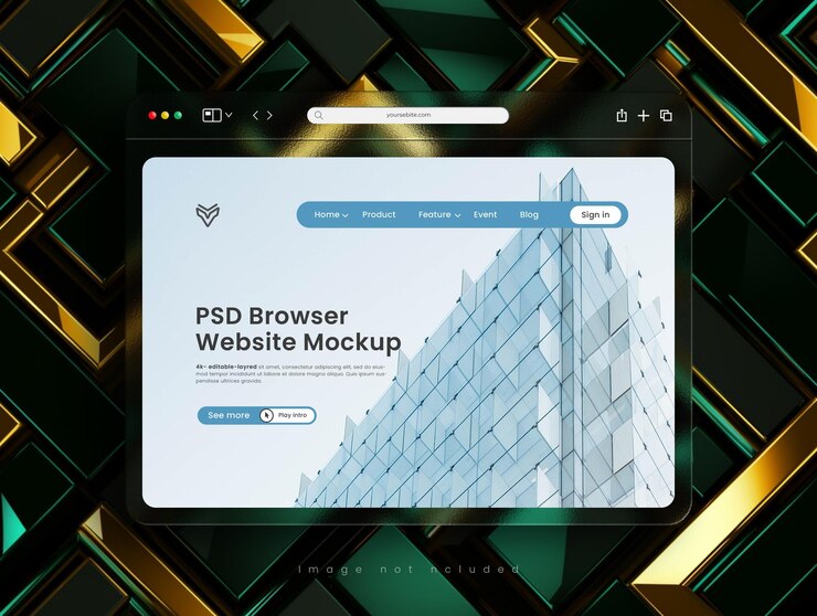 PSD psd-website-präsentations-browser-mockup mit glasmorphismus-schnittstelle