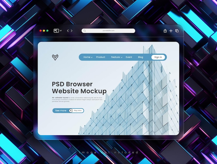 PSD psd-website-präsentations-browser-mockup mit glasmorphismus-schnittstelle
