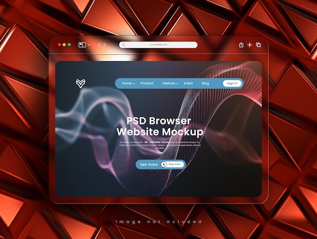 PSD-Website-Präsentations-Browser-Mockup mit Glasmorphismus-Schnittstelle