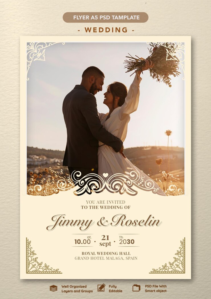 PSD psd wedding invitation template with photo of newlyweds