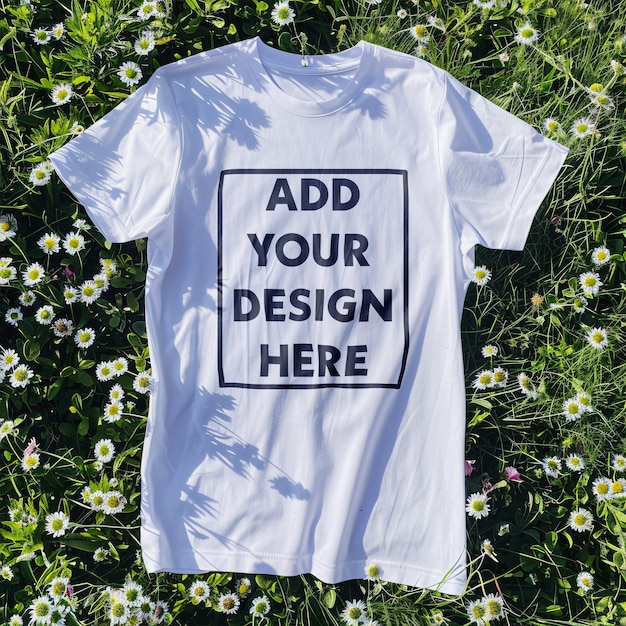 Psd weißes t-shirt auf gras mockup