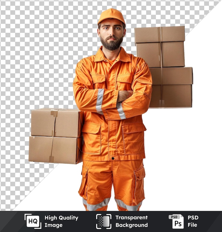 PSD psd with transparent delivery man in orange holding a box black and gray beard