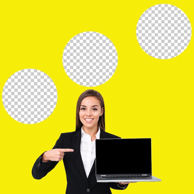 PSD psd woman in a suit is holding a laptop and a circle with transparent background