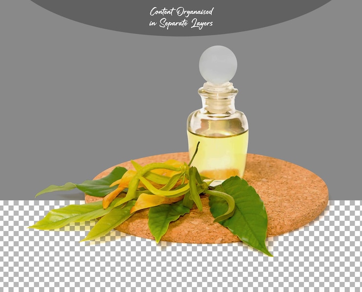 PSD psd ylang ylang aceite esencial en una botella aislado sobre un fondo transparente