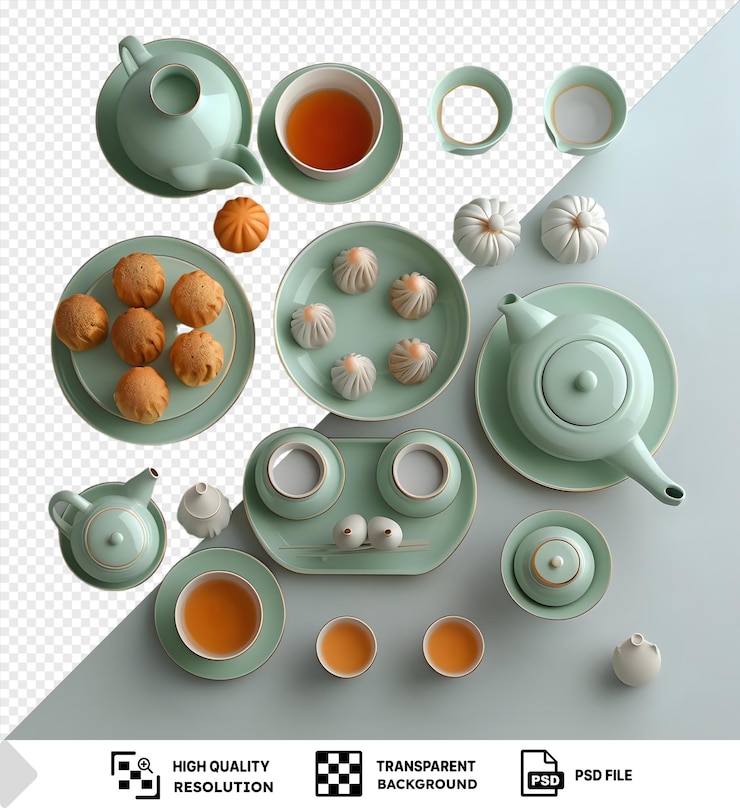 PSD psd yum cha tazas y platillos de té dispuestos sobre un fondo transparente acompañados de un pequeño ajo blanco png