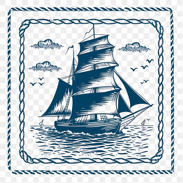 PSD psd zeitloses segelboot-schoner mit navy-blau-monochrom-stempel c-tattoo-clipart-tinte-t-shirt-design