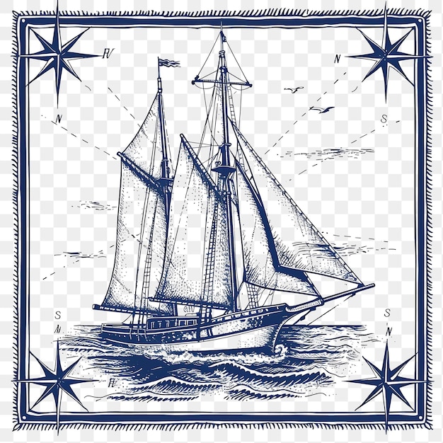 PSD psd zeitloses segelboot-schoner mit tiefblauem monochrom-stempel c-tattoo-clipart-tinte-t-shirt-design