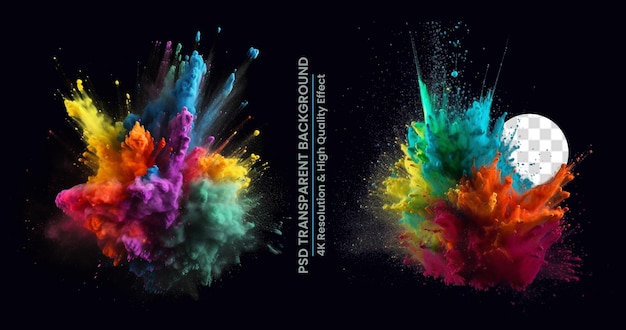 PSDBunte Regenbogen-Holi-Farbspritzer-Farbpulverexplosion Transparenter Hintergrund