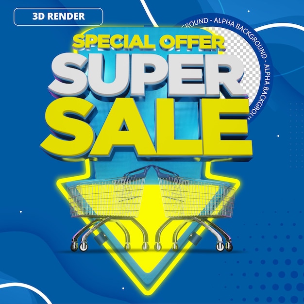 Psdoferta especial promoción de super venta banner render 3d frente azul amarillo