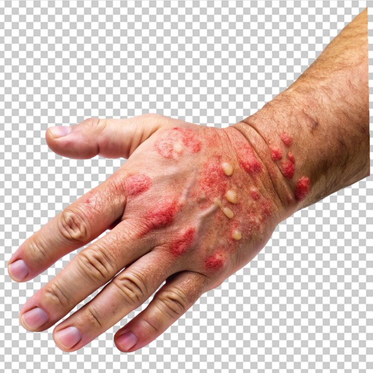 PSD psoriasis con picazón en el brazo y la mano sobre un fondo transparente