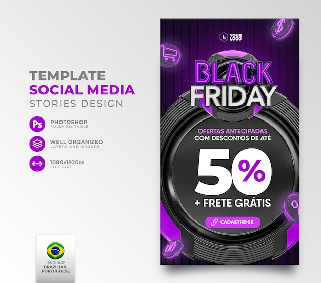 pubblica il black friday sui social media in portoghese rendering 3d per la campagna di marketing in brasile
