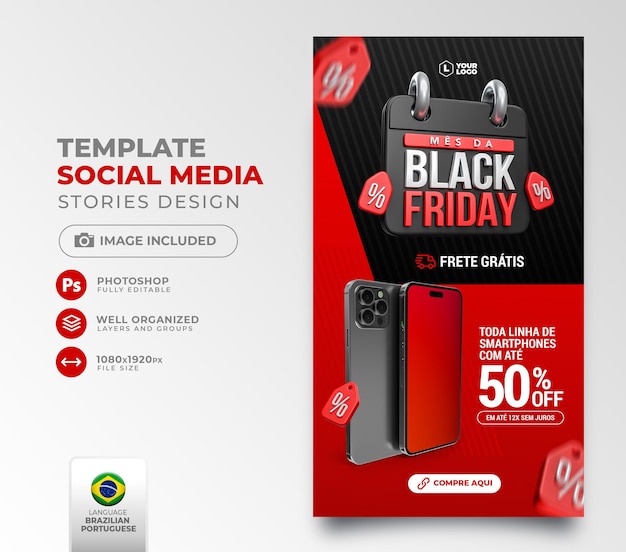 pubblica il mese nero dei social media in portoghese rendering 3d per la campagna di marketing in brasile