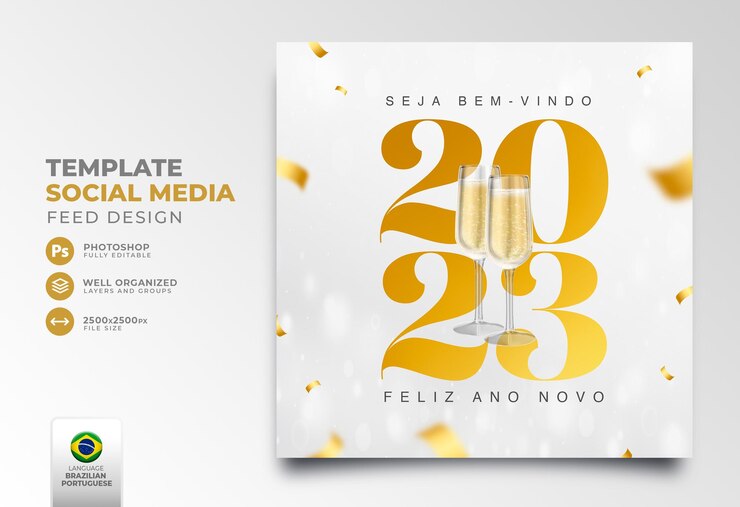 PSD pubblica il nuovo anno 2023 sui social media nel modello di rendering 3d portoghese per la campagna di marketing in brasile