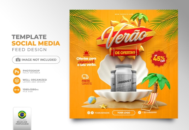 Pubblica l'estate sui social media delle offerte in Brasile Modello di rendering 3d per la campagna di marketing in portoghese