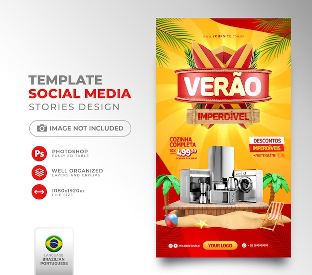 Pubblica l'estate sui social media delle offerte in Brasile Modello di rendering 3d per la campagna di marketing in portoghese