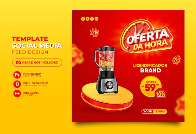 Pubblica l'offerta dell'ora sui social media in Brasile renderizza il design del modello 3d in portoghese