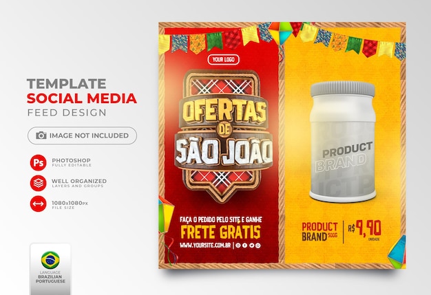 Pubblica offerte sui social media di saint jhon nel rendering 3d portoghese per la campagna di marketing in brasile