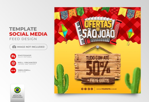 Pubblica offerte sui social media di saint jhon nel rendering 3d portoghese per la campagna di marketing in brasile