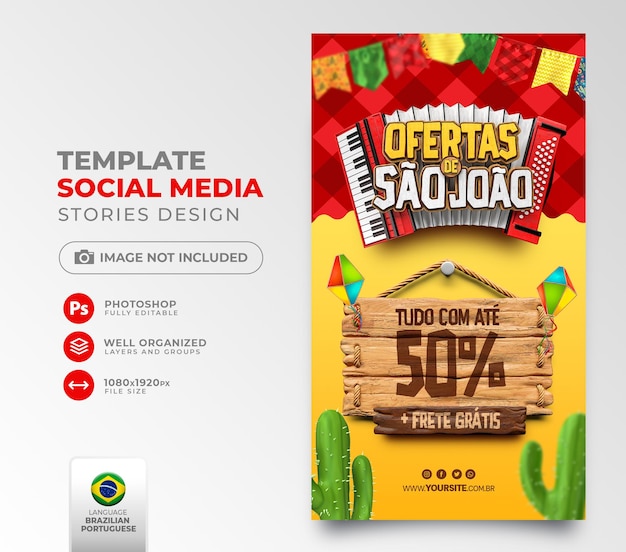 Pubblica offerte sui social media di saint jhon nel rendering 3d portoghese per la campagna di marketing in brasile