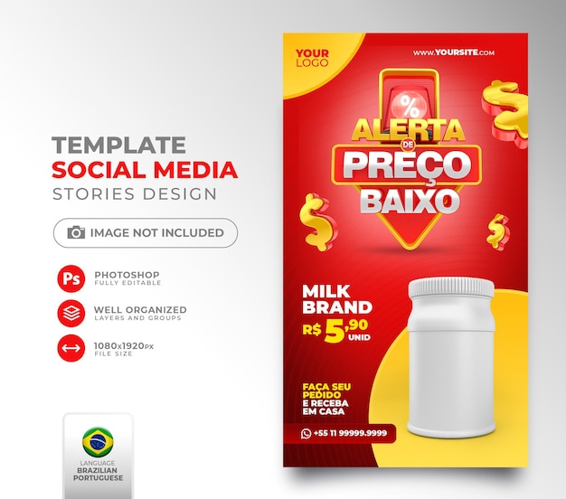 Pubblica un avviso di prezzo basso sui social media per la campagna di marketing nel modello 3d del Brasile render