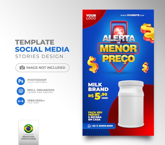 Pubblica un avviso di prezzo basso sui social media per la campagna di marketing nel modello 3d del Brasile render