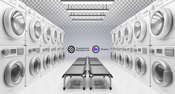 PSD public laundry room interior perspective render realistic laundromat with washing machine and dryer rows chairs lamps tile wall and floor self service launderette dry cleaning
