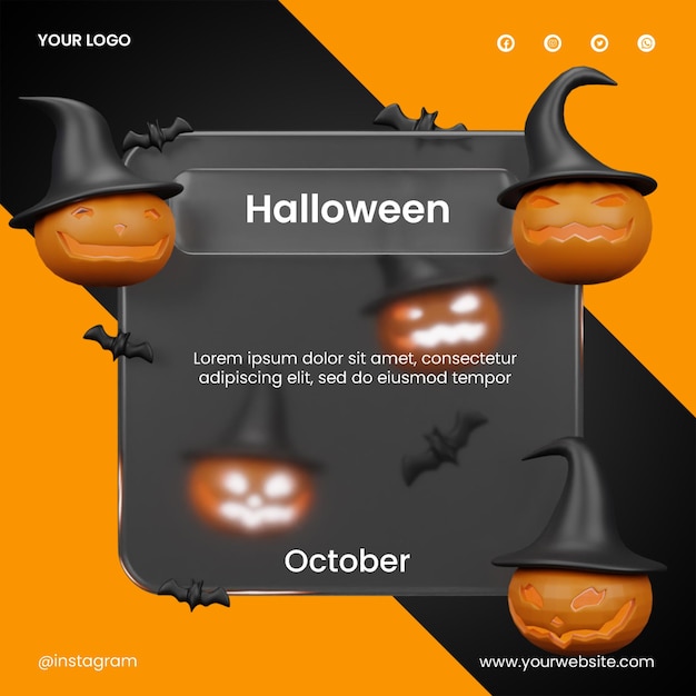 Publica en las redes sociales el diseño de glassmorphism con renderización de Halloween de calabaza en 3D