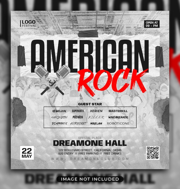 Publicação de mídia social de folheto de rock americano e banner da web