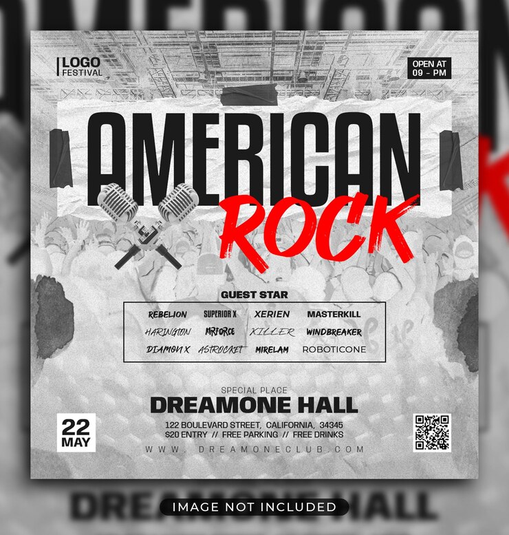Publicação de mídia social de folheto de rock americano e banner da web