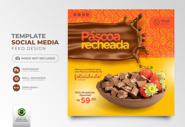 Publicação de mídia social de Páscoa repleta de ofertas em renderização 3D em português para campanha de marketing no Brasil