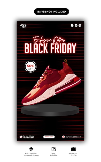 Publicação de mídia social de sapatos instagram venda de sexta-feira negra banner web pintrest modelo